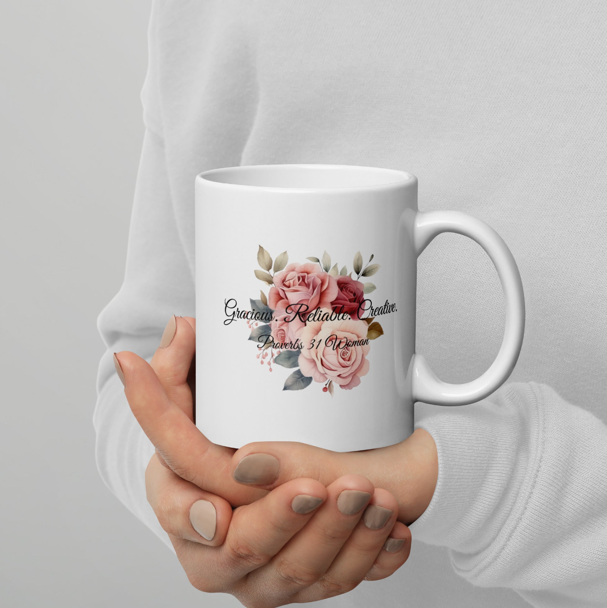 White Ceramic Mug Proverbs 31 Woman Christian Floral Cup