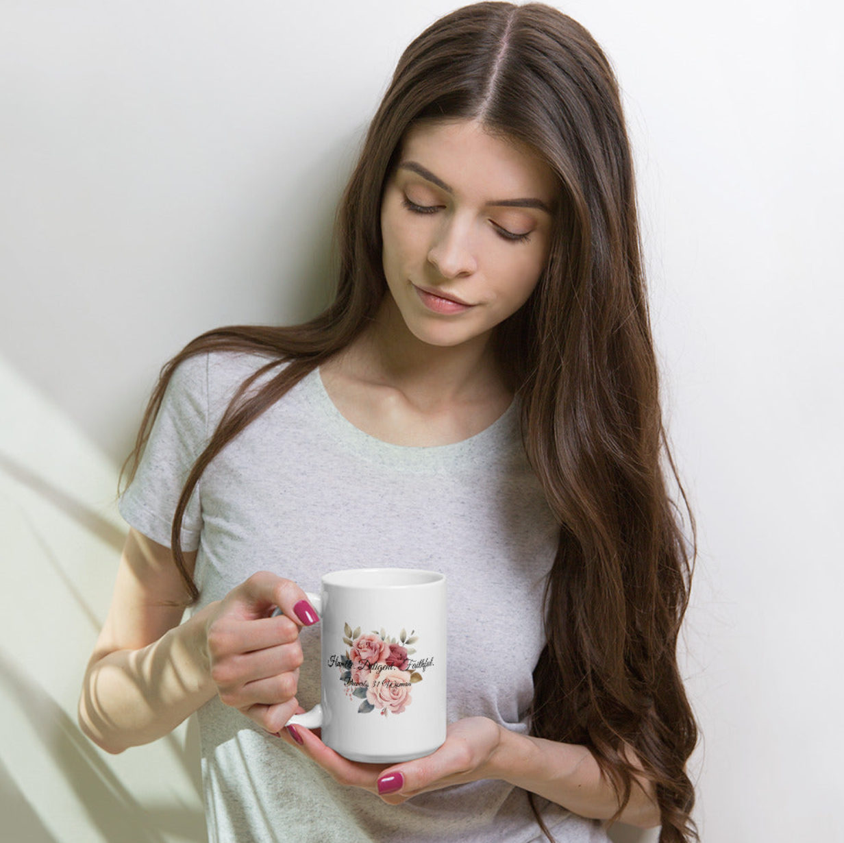 White Ceramic Mug Proverbs 31 Woman Christian Floral Cup